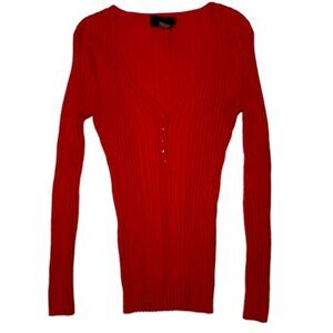 Vintage Y2K ITS OUR TIME Sweater Tight Fit Ribbed V-Neck Stretch 90s Women L Red